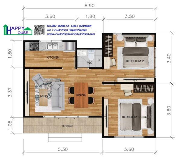 บ้านสำเร็จรูป MD-11  ขนาด 2 ห้องนอน 1 ห้องน้ำ 1 ห้องครัว 1 ห้องนั่งเล่น - Image 2
