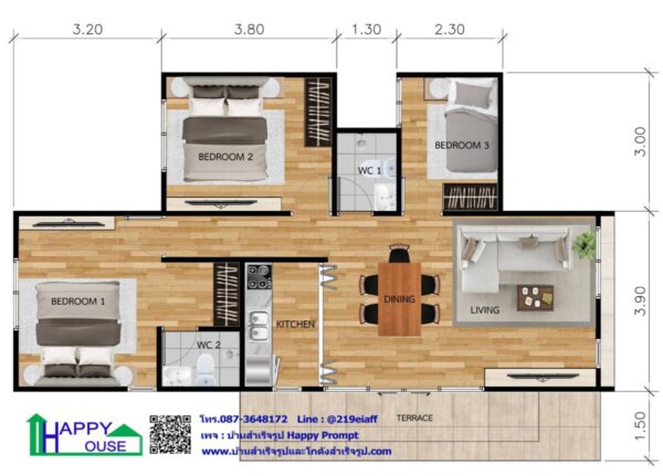 บ้านสำเร็จรูป MD-12  ขนาด 3 ห้องนอน 2 ห้องน้ำ 1 ห้องครัว 1 ห้องนั่งเล่น - Image 2