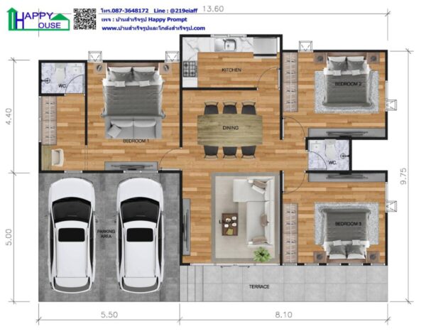 บ้านสำเร็จรูป MD-14  ขนาด 3 ห้องนอน 2 ห้องน้ำ 1 ห้องครัว 1 ห้องนั่งเล่น - Image 2