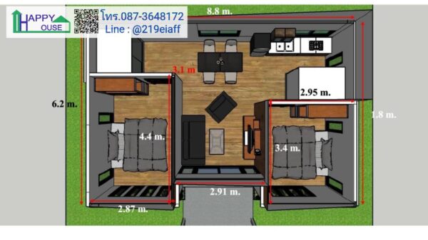บ้านสำเร็จรูป MD-04  ขนาด 2 ห้องนอน 1 ห้องนั่งเล่น 2 ห้องน้ำ - Image 2